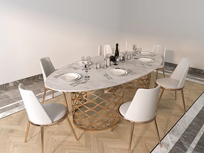 Elegant Modern Dining Table Set With Oval Marble Top Golden Woven Legs And White Chairs 3d model