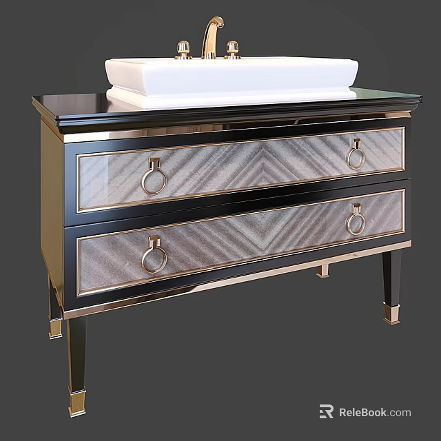 Elegant Bathroom Vanity With Geometric Pattern Drawers Metal Handles White Basin And Black Countertop 3d model 