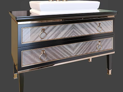 Elegant Bathroom Vanity With Geometric Pattern Drawers Metal Handles White Basin And Black Countertop 3d model