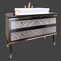 Elegant Bathroom Vanity With Geometric Pattern Drawers Metal Handles White Basin And Black Countertop