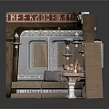 Retro Shop Facade With Wooden Counter Hanging Lamps Signboard And Interior Furnishings