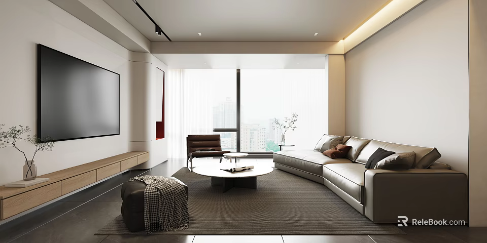 Modern Living Dining Room Interior Design With Large Windows Sofa Coffee Table And TV 3d model