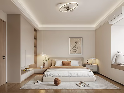 Modern Minimalist Bedroom Interior Design With White Bed Wooden Floor Rug And Circular Ceiling Light 3d model