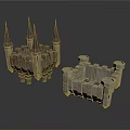 Detailed Two Stone Castle Models With Spire Towers And Wall Structures