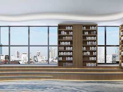 Elegant Book Art Interior With Large Windows City View And Wooden Bookshelves Filled With Books 3d model