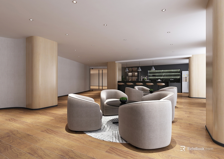 Modern Stylish Break Room Interior With Cozy Armchairs Round Coffee Table And Beverage Bar 3d model 