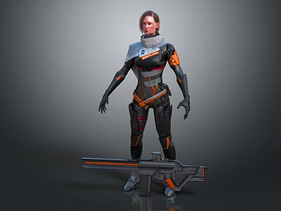 Futuristic Female Character in Orange Gray Tech Armor with Large Rifle Sci Fi Design 3d model