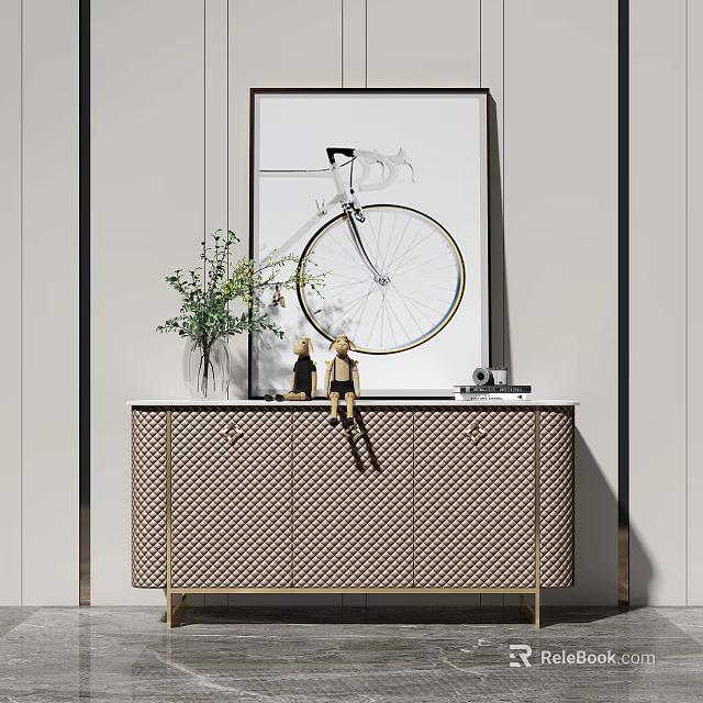 Entryway Console Cabinet Featuring Vase Green Plants Figurines Camera on Top and Bicycle Wall Art 3d model 