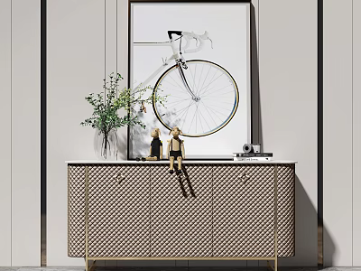 Entryway Console Cabinet Featuring Vase Green Plants Figurines Camera on Top and Bicycle Wall Art 3d model