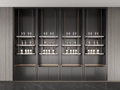 Modern Wine Cabinet Design With Multiple Shelves Holding Wine Bottles And Glasses 3d model