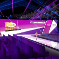 Fashion Show Stage with Bright Lights and Model Walking on Runway