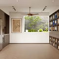 Duplex Living Room with Brown Bookshelves Books Decorations Table Chairs Ceiling Fan and Wooden Floor