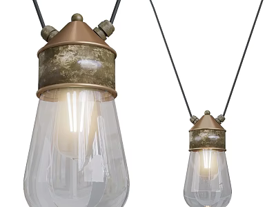 Two Vintage Industrial Hanging Pendant Lights With Brass Top Clear Glass Shade And Illuminated Bulb 3d model