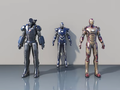 Game and Movie Character Action Figures with Silver Blue and Gold Red Armor Designs 3d model