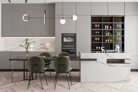 Modern Light Luxury Home Restaurant Open Restaurant Island Restaurant Kitchen Restaurant Light Luxury Sideboard Bar Stool Marble Bar Floral Flower Arranging Wine Bottle 3d model