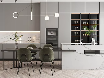 Modern Light Luxury Home Restaurant Open Restaurant Island Restaurant Kitchen Restaurant Light Luxury Sideboard Bar Stool Marble Bar Floral Flower Arranging Wine Bottle 3d model