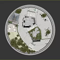 Cartoon Scene With Miniature Buildings Vines Covered Houses Stone Stairs Trees And Courtyard
