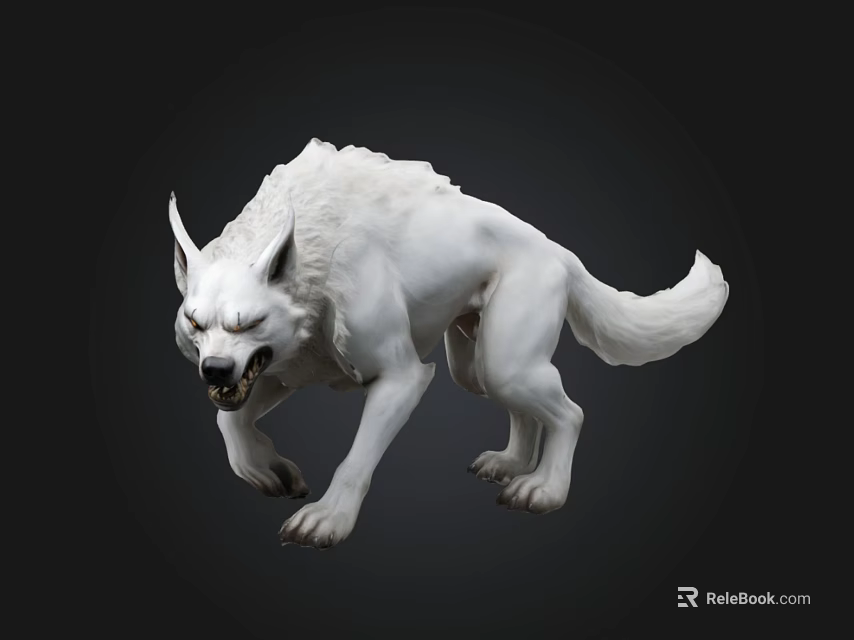 Fierce White Wolf Sculpture With Roaring Expression And Detailed Fur Against Dark Background 3d model 