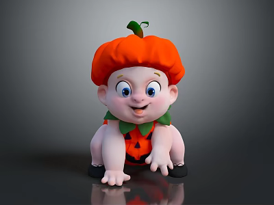 Cute Baby in Pumpkin Hat with Pumpkin Pattern Clothing Crawling on Gray Background 3d model