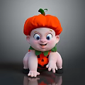 Cute Baby in Pumpkin Hat with Pumpkin Pattern Clothing Crawling on Gray Background