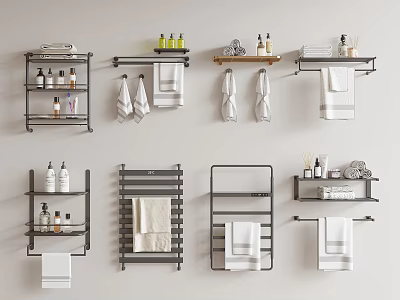 Organized Bathroom Wall With White Towels And Black Metal Shelves Holding Toiletries 3d model