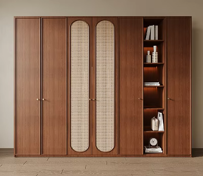 Walnut Wooden Wardrobe With Rattan Panel Doors And Open Shelves For Books And Decorative Items 3d model