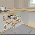 Modern Kitchen Cabinet Storage Rack With Multiple Drawers And Organized Glass Jars And Food Containers