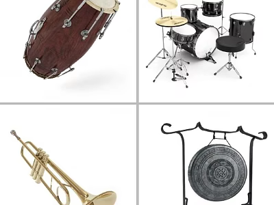Musical Instruments Collection Featuring Drum Set Trumpet Gong and Wooden Drum on White Background 3d model