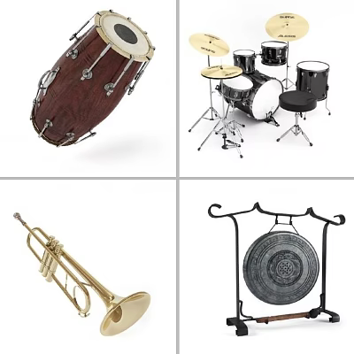 Musical Instruments Collection Featuring Drum Set Trumpet Gong and Wooden Drum on White Background 3d model