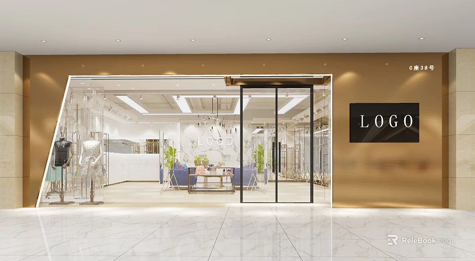 Modern Mall Shop Interior With Glass Doors Bright Display Area And Decorative Plants 3d model 