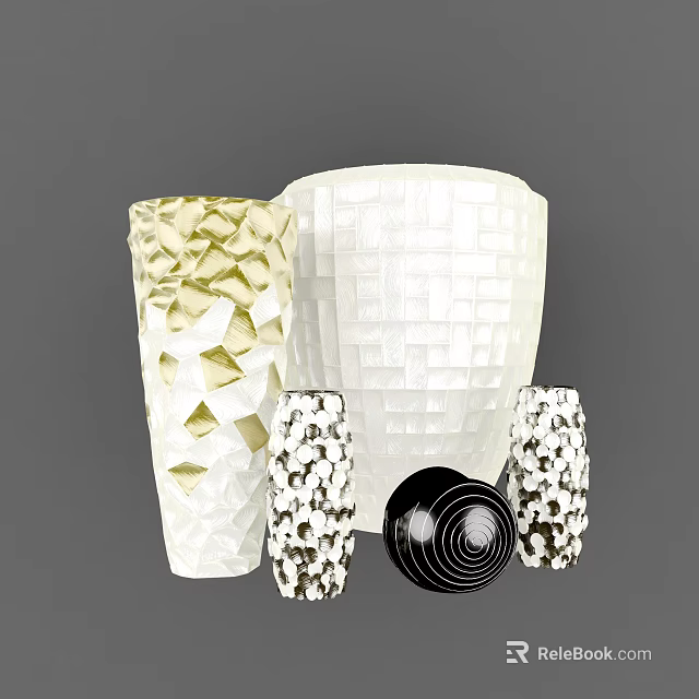 Modern Decorative Ornaments Set with Textured Vases and Spiral Pattern Figurines 3d model 