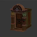 Antique Wooden Cabinet With Intricate Carvings Gold Accents And Metal Lock