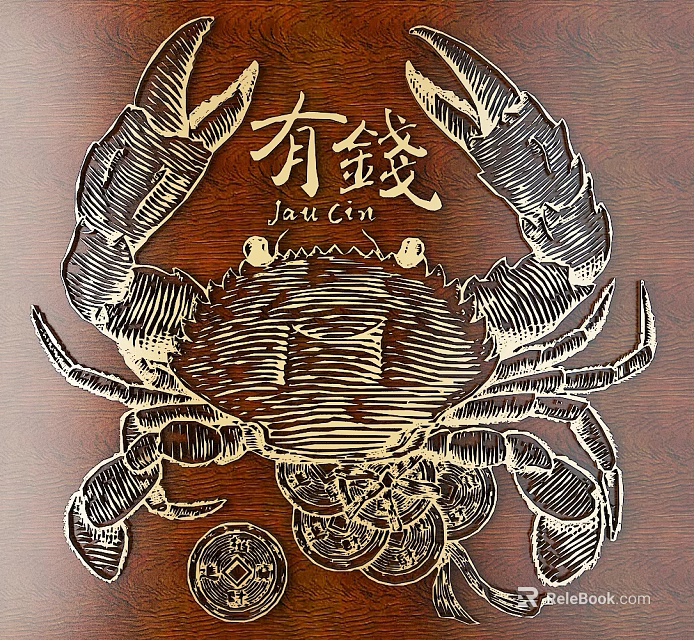 Intricate Wooden Crab Carving With Coins And Chinese Characters Design 3d model 