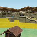 Traditional Wooden Waterfront Building with Multi Level Structure and Trees Around 3d model