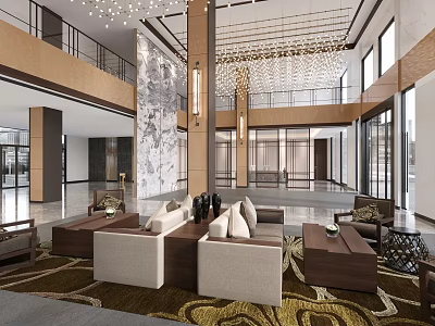 Modern Front Desk Reception Lobby With High Ceiling Sofas Chandelier And Marble Wall 3d model
