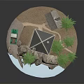 Cartoon Scene of Wooden Watchtower with Green Trees and Truck on Rocky Base