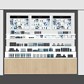 Modern Display Shelves With Multiple Layers Blue White Black Products Wooden Base White Background