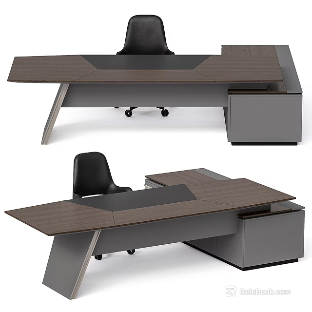 Elegant Modern Office Desk Interior Design With Wooden Surface And Black Chair 3d model 