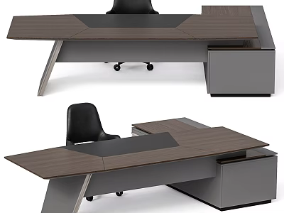 Elegant Modern Office Desk Interior Design With Wooden Surface And Black Chair 3d model