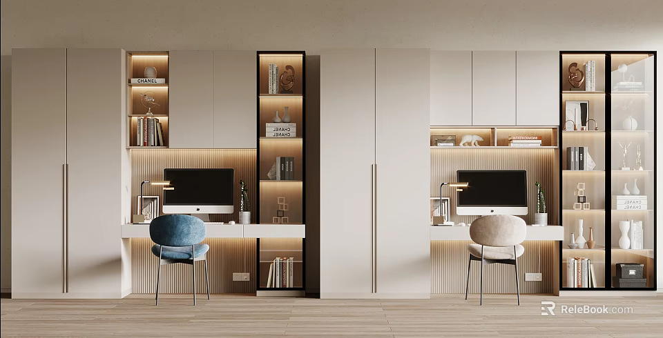 Modern Bookcase Interior Design With Illuminated Shelves Workstations And Computers 3d model 