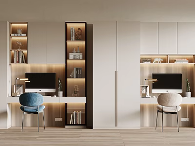 Modern Bookcase Interior Design With Illuminated Shelves Workstations And Computers 3d model