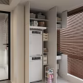 Home Balcony Interior With Stacked Washing Machines Storage Cabinets Baskets And Green Plant