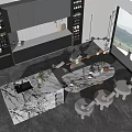 Modern Dining Set With Marble Island And Kitchen Cabinets In Open Layout 3d model