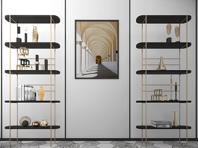Modern Luxury Black Gold Open Shelf Unit With Multi Layer Design And Decorative Sculptures 3d model