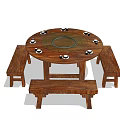 Rustic Round Wooden Dining Table Set With Matching Benches And Central Circular Design 3d model