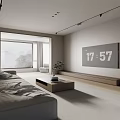 Minimalist Modern Living Room Interior With Gray Sofa Coffee Table Floor-to-Ceiling Window And Wooden Flooring