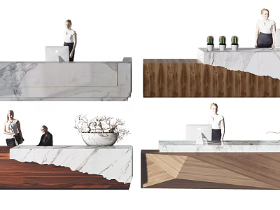 Modern Reception Desk Design With Marble Countertop Wooden Elements And Potted Plants 3d model