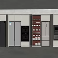 Modern Kitchen Space With Stainless Steel Refrigerator Freezer Cabinets And Glass Display Shelves
