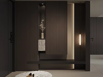 Modern Dark Wood Shoe Cabinet in Entryway with Decorative Vase Bench and Shoes on Rug 3d model