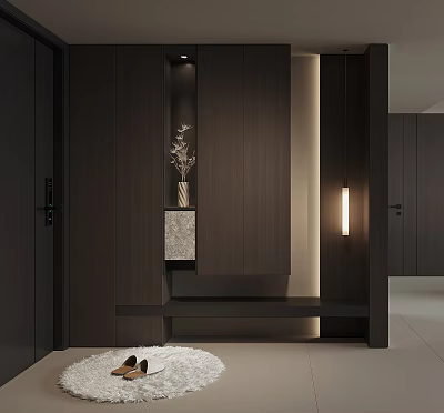 Modern Dark Wood Shoe Cabinet in Entryway with Decorative Vase Bench and Shoes on Rug 3d model